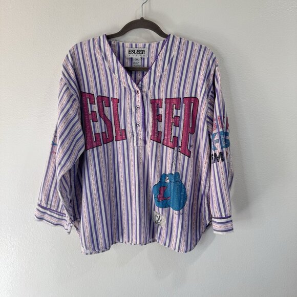 Vintage 90s Esleep Shirt L Boxing Baseball Sleep Pajamas Striped Purple Pink - Picture 1 of 12